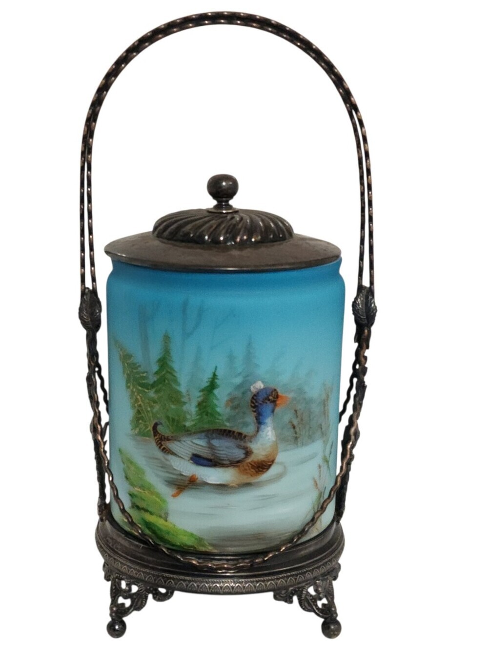 Antique Uranium Satin Glass Biscuit Barrel Wilcox Silverplate Hand Painted Bird